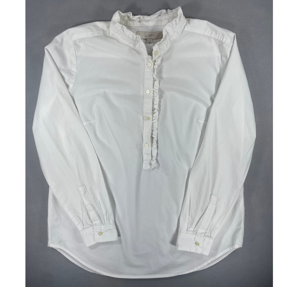 LOFT Blouse Ruffle Collar Button Up White Medium Womens